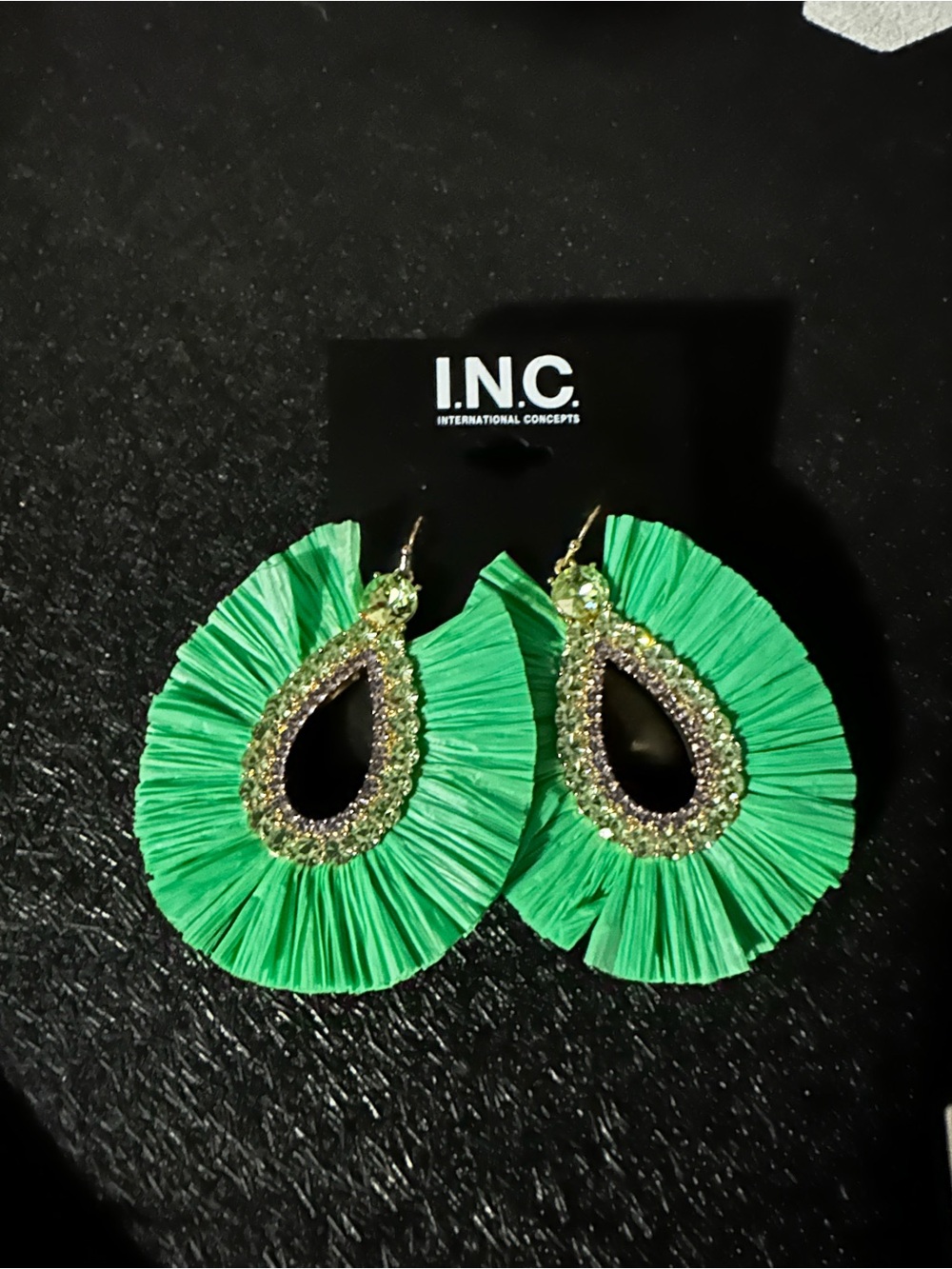 INC International Concepts Bright Green Raffia Teardrop Fringe Earrings